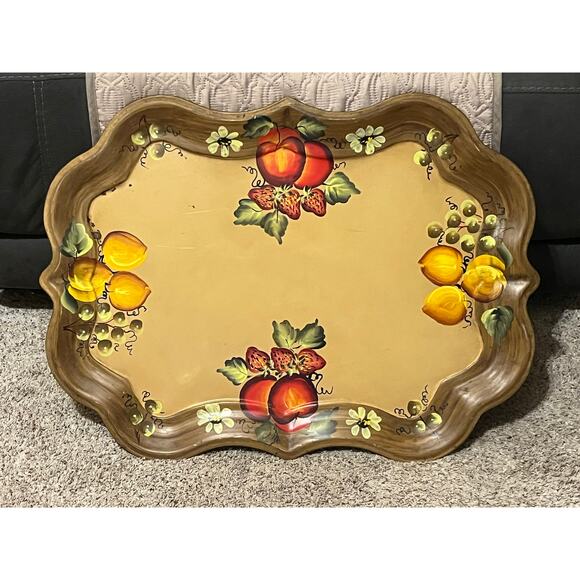 NASHCO Tole Hand-Painted Toleware Tray Fruit Flowers Large  27" x 20” - Picture 3 of 15